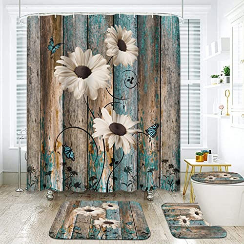 ArtSocket Set da bagno con tenda da doccia e accessori per tappeti, tenda da doccia vintage in legno verde e marrone, motivo floreale vintage per decorazione del bagno, 4 pezzi