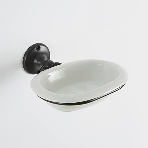 Milano Elizabeth Bathroom Wall Mounted White Ceramic Soap Dish and Black Holder