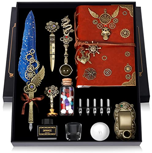 MPRINCE Quill Pen Ink Set Leather notebook With Quill Pen,Notebook,5 Replaceable Nibs,Seal Stamp,Spoon,Wax Beads,White Wax,Ink,Pen Holder,Cup,Envelope,Letter Paper(blue)