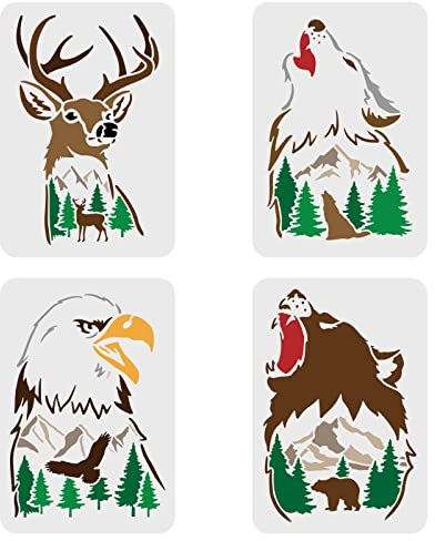 FINGERINSPIRE 4 Stück Waldtiere Schablonen Set 29,7x21cm Wolf Zeichnungsschablonen zum Malen Bären Malschablone Hirsch Zeichnungsschablone DIY Wiederverwendbare Dekorations Tierschablone