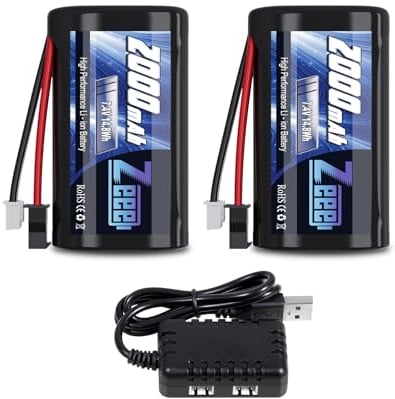Zeee 2S Li-ION Batterie 7,4V 2000mAh avec Prise SM2P et Lot de 2 chargeurs USB Compatible avec Les Voitures RC MN D90/91, MN 99/99s, H101 H103 H105 RC Bateau RC Camion (2 pcs)