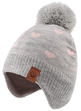 XIAOHAWANG Baby Strickmütze Winter Babymütze Junge Warme Kindermütze Junge Beanie Mütze Dicke Wintermütze für Herbst,Winter(Grau Herz-Hut,2-4Jahren)
