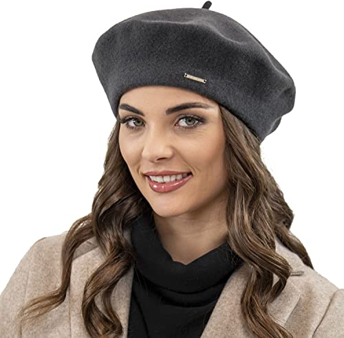 VIVISENCE Winter Baskenmütze Aus Wolle Für Damen Herbst Barette Warm Und Gemütlich Klassischer Schnitt Elegante Perfekte Für Herbst Und Wintertage Modell 7073, Dunkelgrau,Einheitsgröße