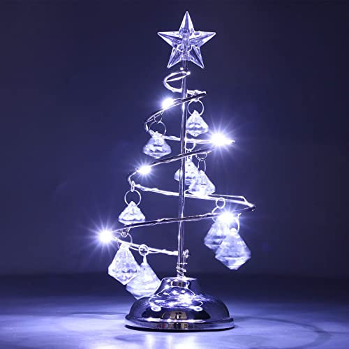 LED Mood Light Crystal Table Lamp Vintage Gold Bedside Lamp Decoration Christmas Tree Lamps Ornament Lamp Small Decorative Iron Tree Night Light for Gift(Silver white light)