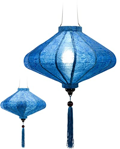 Traditioneller asiatischer Lampion aus Seide, blau, Durchmesser 45 cm – Laterne von Hoi an aus Stoff, Bambus und Holz, handgefertigt – Dekoration von Asien und Handwerk aus Vietnam (P25-BL)
