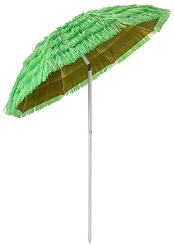 GOPLUS Parasol Paille de Plastique, 2M Parasol de Plage Réglable Pliant Exotique en Chaume de PP, Parasol Drapé pour Jardin/Terrasse/Balcon (Vert)