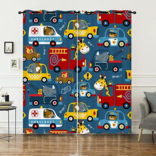 HOSIMA Tier Auto LKW Vorhänge Blickdicht Gardinen Mit Ösen,2-Set 140x175cm Taxi Krankenwagen Rettungsperson Feuerwehrauto weiche Verdunklungsvorhänge für Kinderzimmer Jugendzimmer(Auto 140x175cm)
