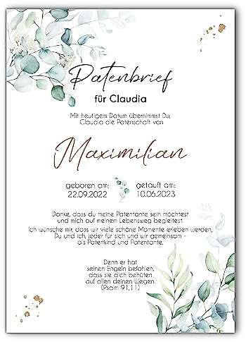 Patenbrief Patentante Patenonkel | Taufgeschenk Kunstdruck | Taufe Poster | personalisiert | Patenkind | Eukalyptus