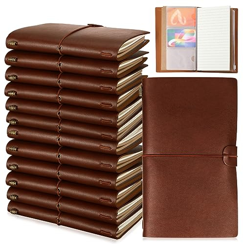 Cholemy 12 Pcs PU Leather Journal Notebook 4.7 x 7.9 Inch Vintage Leather Bound Journal 144 Pages Writing Travel Journal Refillable Notebook Leather Gifts for Man Women Girls Teacher Students (Brown)