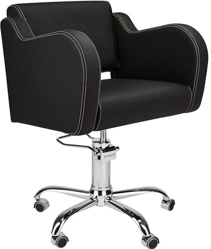 AYALA Friseurstuhl HOLLY Polster schwarz für Kosmetik- und Friseursalon, Polsterarmlehnen, Hydraulikpumpe, Nähte GOLD (Räder silber)