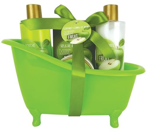 French Tendance - Coffret Bain Pomme Poire - Gel Douche 260ml, Lait Corps 260ml, Beurre Corporel, Sels de Bain 50g, Fleur de Massage - Cadeau Femme Beauté, Soin Corps - Kit Cocooning Baignoire Vintage