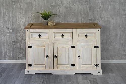 SAM Sideboard Cancun, Pinienholz massiv, weiß lasiert, Kommode mit 3 Türen & 3 Schubladen, Schwarze Metallgriffe, honigfarbene Deckplatte