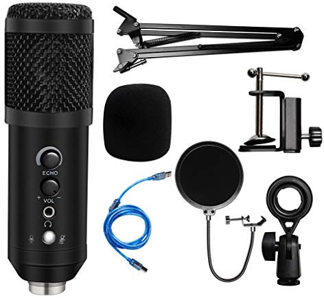 USB Streaming Podcast PC Microphone Professional 192KHZ/24Bit Studio Cardioid Condenser Mic Kit with Boom Arm Shock Mount Pop Filter for Skype Youtuber Karaoke Gaming Recording Blue (Black 1)
