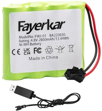 Fayerkar 4.8 V NiMH Battery, 2800 mAh Rechargeable AA4 RC Battery with SM 2P Plug and Charging Cable for Remote Controlled Car, 4WD Off-Road Vehicle, RC Tank.