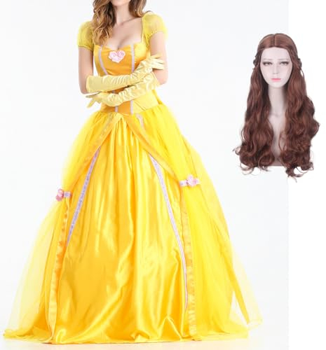 YEAJION Damen Prinzessin Belle Kleid mit Perücke Die Schöne und das Biest Verkleidung Prinzessin Belle Cosplay Kostüm Weihnachten Halloween Karneval Party Bühnenauftritt Kostüm für Erwachsene
