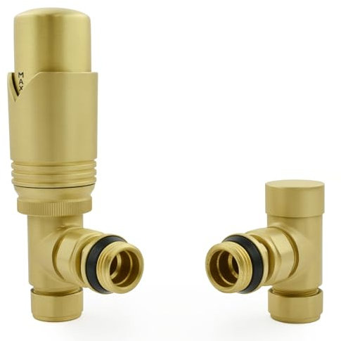 Hot Flow Brushed Brass Marella Modern Thermostatic Radiator Valve Angled TRV. Includes Angled TRV Body, Wheel Head, Lock Shield for Quick & Easy Temperature Control.