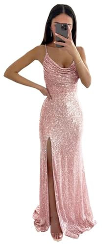 KURFACE Glittery Plus Size Prom Dress for Women Wedding Guest Sparkly Sequins Evening Gowns Maxi Dress WSX487 Rose Gold UK8