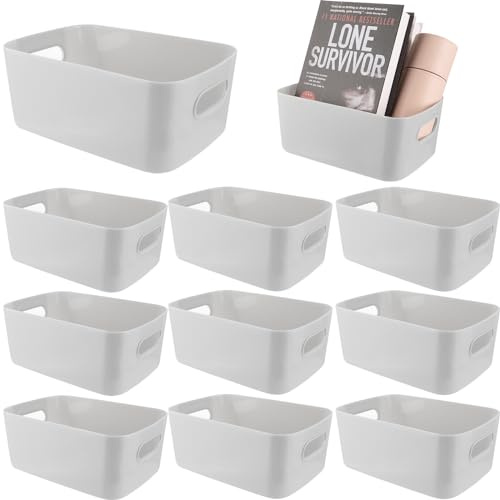 Oungy 10 Stück Aufbewahrungskorb Plastik Grau Ordnungsboxen mit Griff, 25 x 16,5 x 10 cm Kunststoff Storage Boxes Organizer Plastikkorb Badezimmer Aufbewahrung für Kosmetik Regal Kunststoffbox