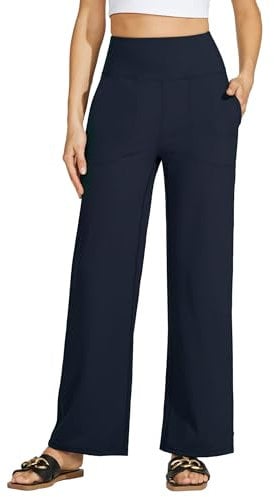 WILLIT Yogahose Damen Weites Bein Sporthose Hohe Taille Yoga Hosen Bauchkontrolle Schlaghose Freizeithose Frauen Jogginghose mit Taschen 30 Navy L