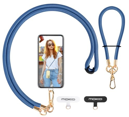 MoKo Lanière de Téléphone Réglable avec Dragonne, Cordon Universel pour Portable, Tour de Cou Smartphone Sangle Attache, Sangle Téléphone en Bandoulière x 1, Dragonne x1, Patch pour Lanièrex2,Bleu Lac