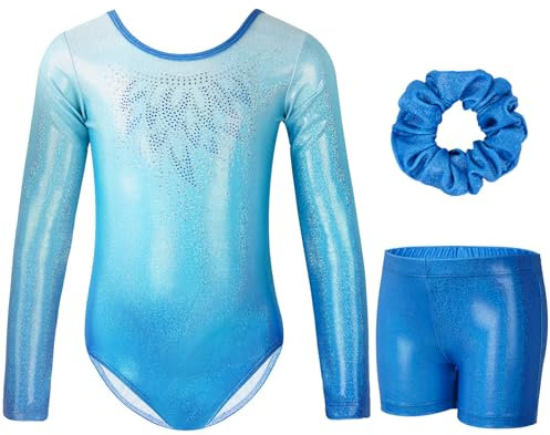 Gogokids Mädchen Dreiteilige Gymnastikanzüge, Langärmliges Gymnastik Set mit Shorts und Haarband, Glitzernde Balletteinheitstrikots - Gymnastik Outfit mit Farbverlaufdesign für 3-4 Jahre