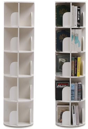 PTUWODS Drehbares Bücherregal, 360-Grad-Display, bodenstehendes Bücherregal, Lagerregal für Kinder und Erwachsene, multifunktionaler Bücherregal-Organizer (Weiß, 5 böden)