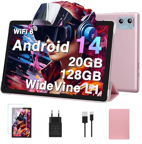 2025 Newest Android 14 Tablet 10 Pollici, 20(6+14)GB RAM+128GB ROM(TF 2TB), Octa Core 1.8GHz, 5G+2.4G Wi-Fi 6 | FHD IPS| Widevine L1| 6000mAh| BT5.0| 5MP+8MP| Widgets| GMS Tablet con Caso - Oro Rosa