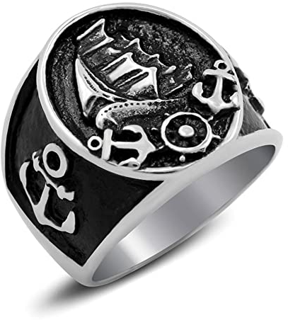 RobertDTesta Wikinger Anker Edelstahlring Europäische Und Amerikanische Herren Retro Nautischer Siegelring Marine Piraten Seil Anker Kompassring Schmuck,Schwarz,12