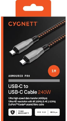 Cygnett Armoured Pro USB-C Cable, 1 m, USB 4.0 Compatible, 240W Fast Charging, Black/Orange