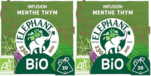 Elephant, Infusion Bio, Goût Menthe et Thym, Ingrédients d'Origine 100% Naturelle, Bien Etre et Relaxation, 20 Sachets Pyramid (Lot de 2)
