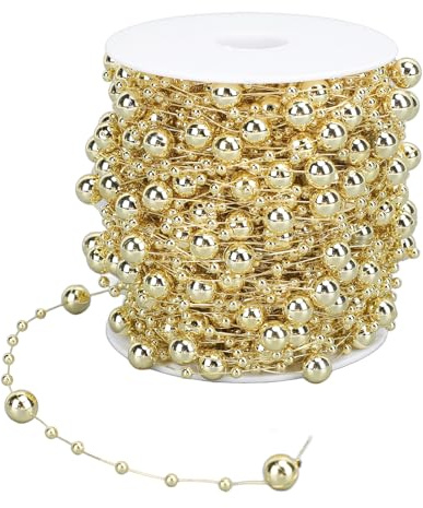 Kunstperlen Perlenkette, 30 m/98,4 Fuß Künstliche Perlenkette mit Spule, 3mm 8mm Perlenstrang Besatzschnur für Blumenkranz, Hochzeitsstrauß, Party (Gold)