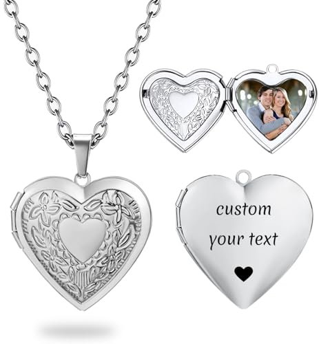PHOCKSIN Personalized Love Heart Necklace that Holds Pictures Silver Heart Locket Necklace Flower Engraved Customized Gifts Locket Necklaces for Women
