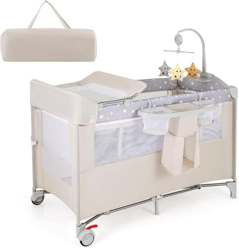 GOPLUS Cuna de Viaje para Bebé 5 en 1, Cuna Colecho Plegable con Cambiador de Pañales, Juguetes, Caja de Música, Colchón y Estante, Parque Bebe Portátil con Bolsa de Transporte (Beige)