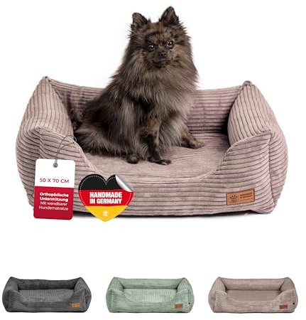 HS-Hundebett® Kuschelbett Deluxe Cord S (60x75 cm) – Orthopädisches Hundebett Beige für mittelgroße Hunde – Memory Foam, waschbar, rutschfest – Made in Germany