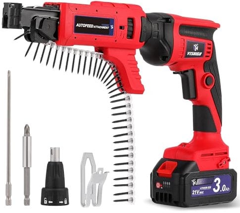 VISHIGH 20V Drywall Collated Screw Gun with Auto-feed Attachment, Cordless Sheetrock Magazine Screwdriver with 5.0Ah Lithium Battery and Charger Battery-Powered Drill