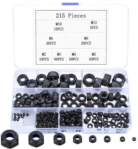 Set di dadi esagonali, 215 pezzi, dadi autobloccanti, dadi a vite, dado esagonale in acciaio al carbonio, inserti filettati – M2 M3 M4 M5 M6 M8 M10 M12 (nero)