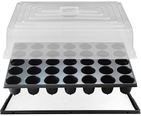 GREEN24 STP Anzuchthaus 35R - Untersetzer, Kapillarmatte, Topfplatte (33,5 x 51,5 cm) mit 35 runden Töpfen (DxH 60x65mm) und passende hohe Abdeckhaube