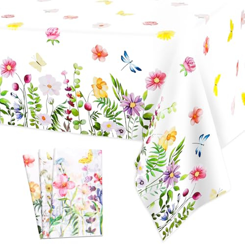 saerryor 3 Pack Floral Table Cloths Rectangular Waterproof Tablecloth 54'' x 108'' Disposable Plastic Table Cover for Wedding, Baby Shower, Birthday Events Party Decorations