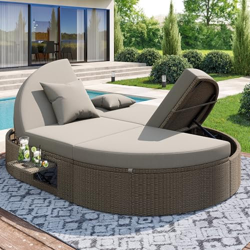 A ALFRESCOOL Rattan Doppel-Liege, Outdoor Daybed, Gartenliege mit seitlichem Regal, Sonnenliege Doppelliege 2 Personen Klapptisch,Garten Relaxliege, Individuell Einstellbarer Winkel Outdoor-Sofa