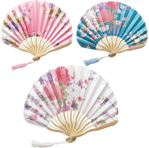 FOSDICK 3 PCS Hand Fans for Women Folding, Hand Fan Folding, Silk Fabric Handheld Fan, Chinese Style Bamboo Fans for Wedding, Preference, Performance, Dancing,Home Decoration