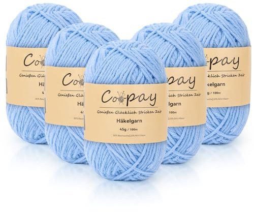 Coopay Wolle zum Häkeln, 225g (5x45g) Weiches Häkelgarn, 5 Faiding Wolle zum Stricken, Babywolle zum Häkeln für Anfänger, Super Weich Häkelgarn Babywolle für Häkel- und Strickprojekt - Hellblau
