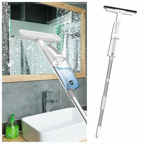 HJXBD888 3 en 1 Spray Limpia Cristales con Poste Telescópico, Maquina Limpia Cristales con 3 Paños Microfibra para Ventanas Altas Interiores/Exteriores
