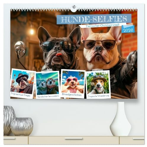 HUNDE-SELFIES Tierischer Outdoorspaß (hochwertiger Premium Wandkalender 2026 DIN A2 quer), Kunstdruck in Hochglanz: Reiselust und Abenteuer erleben (CALVENDO Tiere)