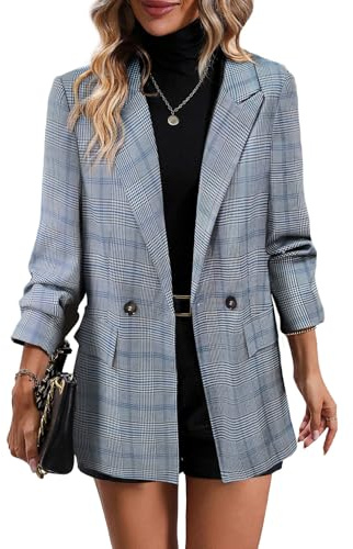 Mina Self 2025 Herbst Damen Plaid Hahnentritt Blazer Jacke - Voll Gefüttert Business Casual Elegant Arbeitsanzug mit Taschen, Plaid-blau, M