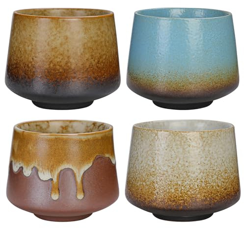 GOEDCH Juego de 4 tazas de café de cerámica, tazas de café espresso de pared gruesa, hechas a mano de gres, aptas para lavavajillas, para té en casa, oficina, regalo