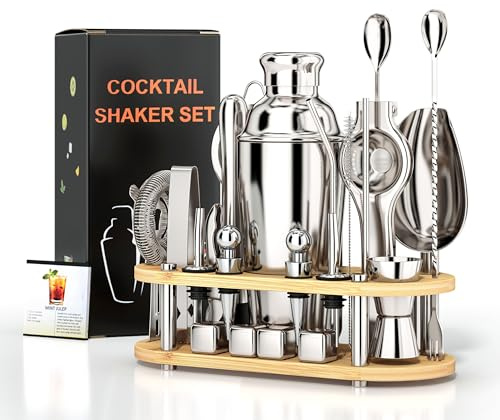 EffiQ-Rate 25 Pcs Cocktail Making Kit with Bamboo Display Stand and Recipes | 700ml Boston Cocktail Shaker, 304 Stainless Steel, Complete Bartender Set, Bar Tools for Cocktails Drinks Mxing, Gift Giving