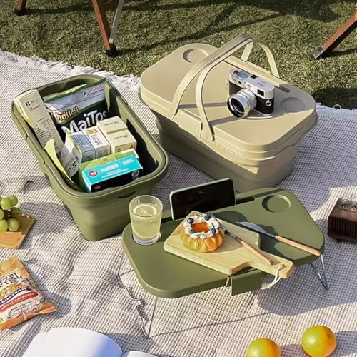 Astrivae Coffre de Rangement Pliant 2-en-1 Boîte de Rangement avec Plateau Table Escamotable, Portable pour Camping, Van, Caravane, Coffre de Voiture & Maison, Matériau ABS+PP, Inclut Stickers DIY