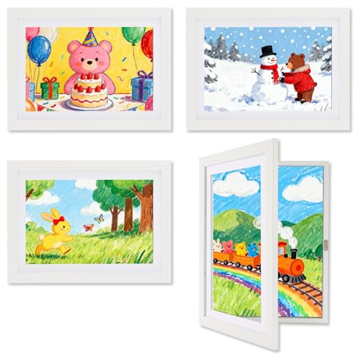 Kromapolis 4 Stück Bilderrahmen Weiß für Kinderzeichnungen A4 umweltfreundliches MDF-Material, A4 Kinderkunst Fotocollage Rahmen