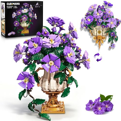 CUBIMANA Flowers Botanicals Collection Bonsai Building Set for Adults 12+yr | 2 in 1 Morning Glory Plants with Vase, 1136PCS Arrangement Vintage Wall Flower Pot for Home Decor, Christmas Birthday Gifts