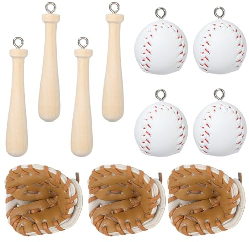 SUNNYCLUE 15 Stück 3 Stile Leder Baseball Anhänger Sportball Anhänger PU Leder Holz Baseballschläger Handschuh Hängendes Ornament Sport Anhänger Für Die Schmuckherstellung Ohrringe Halskette Schlüssel